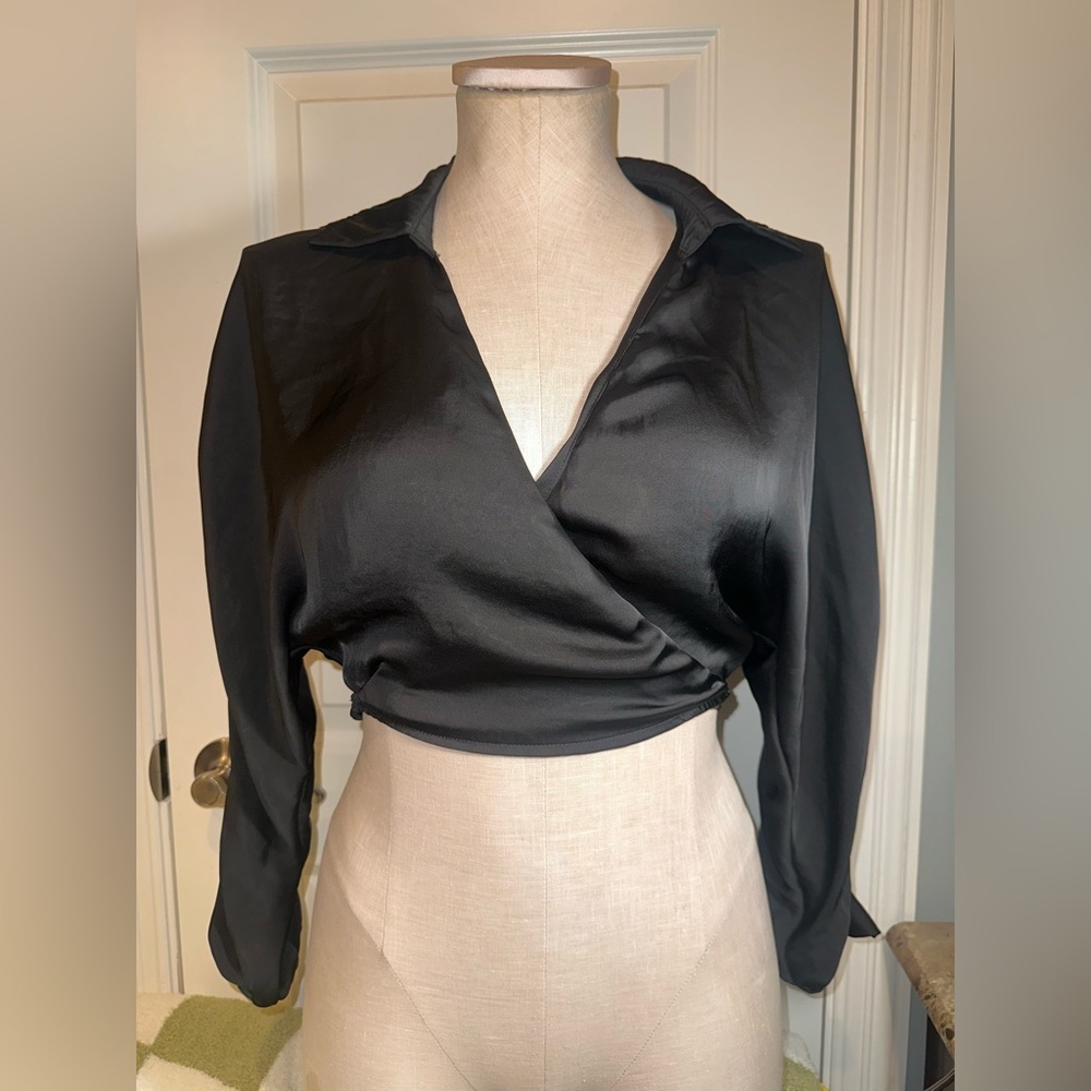 Zara Black Satin Wrap Crop Top ▪️